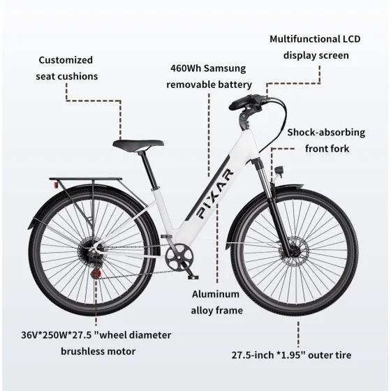 PIXAR Cruiser Electric Bike - 250W Motor - 36V12.8Ah Battery - 27.5" Tire