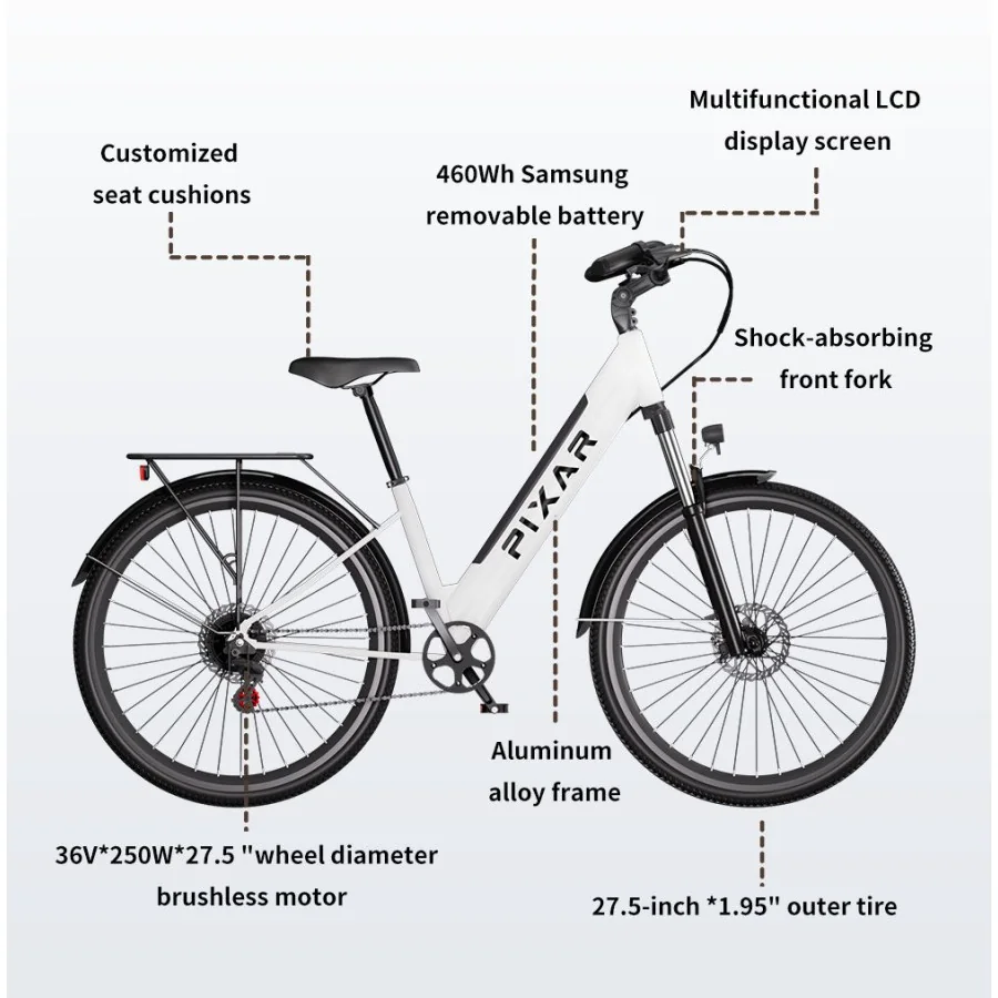 PIXAR Cruiser Electric Bike - 250W Motor - 36V12.8Ah Battery - 27.5" Tire